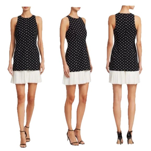 Cinq A Sept Catriona Size 10 Black White Polka Dot Pleated Hem Dress $396 - Picture 1 of 13